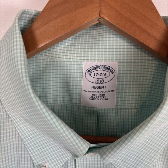 Brooks Brothers Regent Mens 17-2/3 Non-Iron Green Plaid Window Pane Button Down - Picture 3 of 5